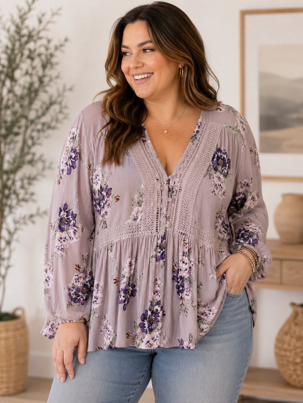 Torrid Size 4X Purple Floral Lace Trim Boho Babydoll Blouse Top Plus